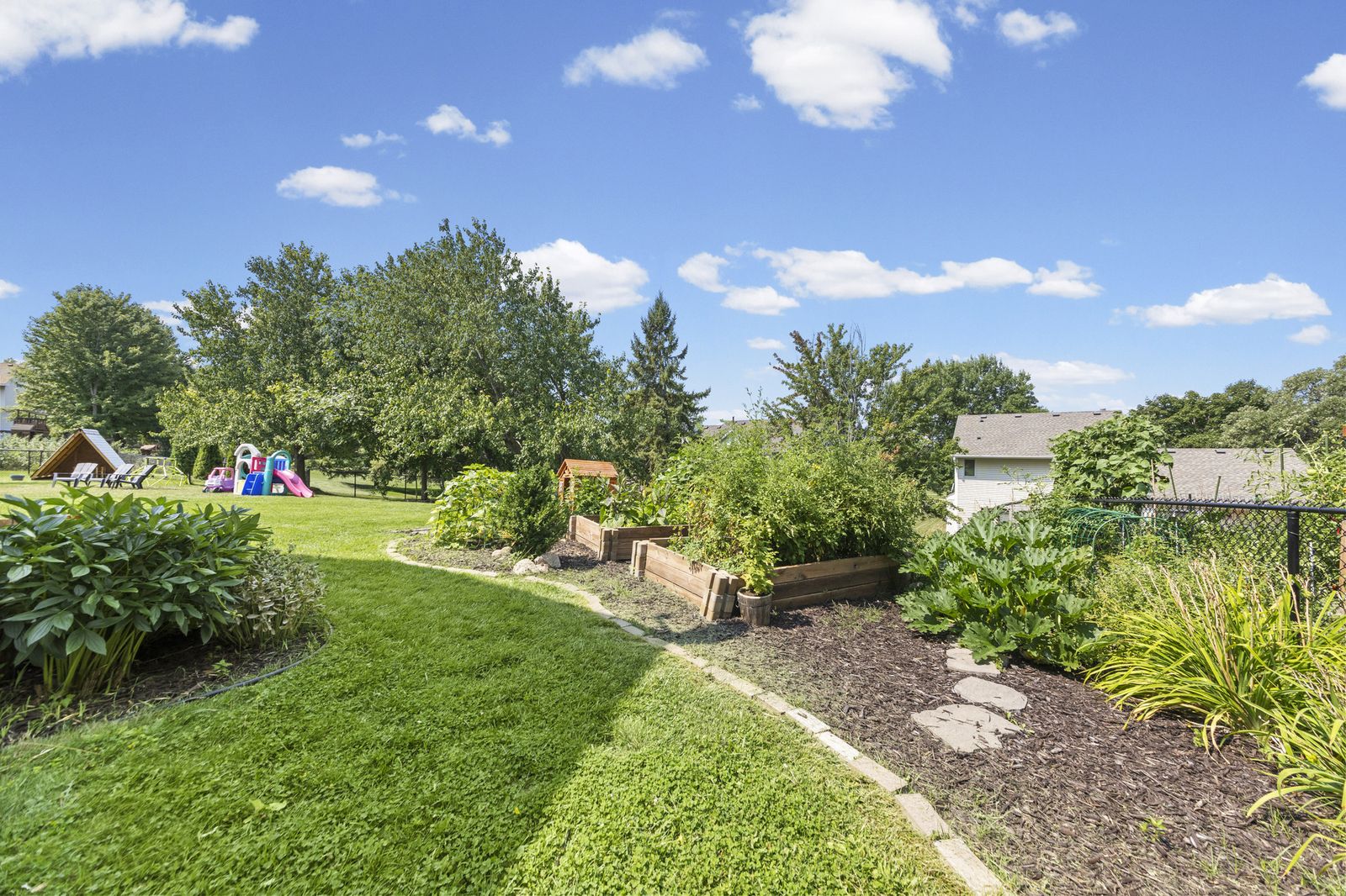 Backyard lawn with garden path and beds