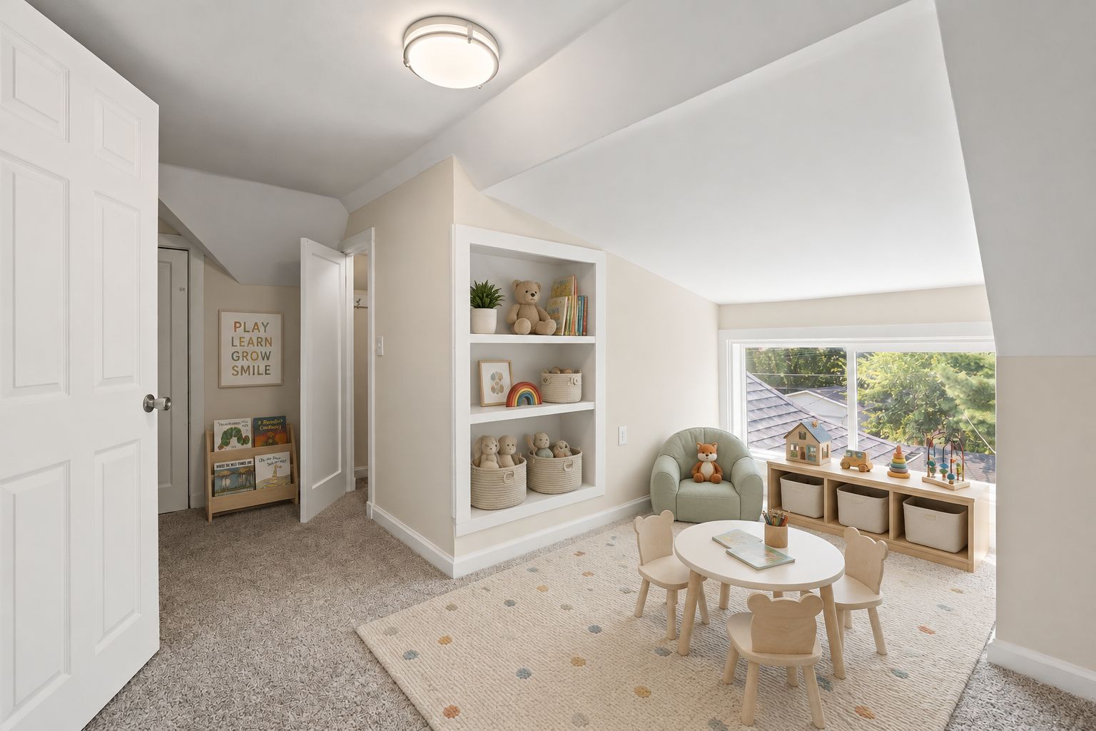 Upstairs bonus room with built-in shelving and play table